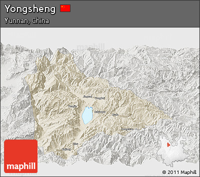 Shaded Relief Panoramic Map of Yongsheng, lighten, semi-desaturated