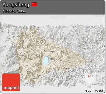 Shaded Relief Panoramic Map of Yongsheng, lighten, semi-desaturated
