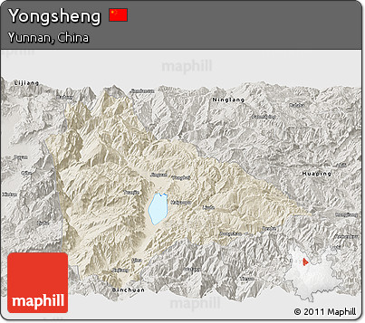 Shaded Relief Panoramic Map of Yongsheng, semi-desaturated