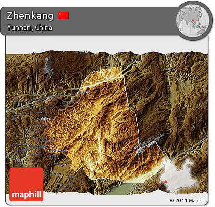 Physical 3D Map of Zhenkang, darken