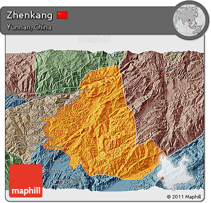 Political 3D Map of Zhenkang, semi-desaturated
