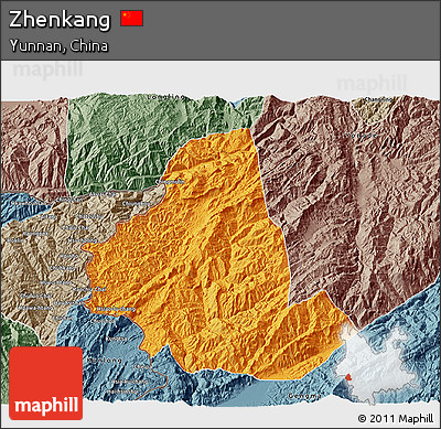 Political 3D Map of Zhenkang, semi-desaturated