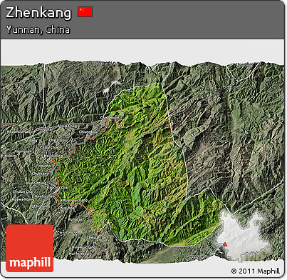Satellite 3D Map of Zhenkang, semi-desaturated