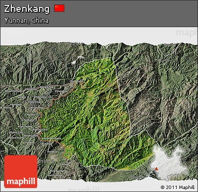 Satellite 3D Map of Zhenkang, semi-desaturated