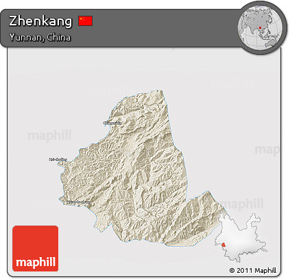 Shaded Relief 3D Map of Zhenkang, single color outside