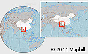 Gray Location Map of Zhenkang, highlighted country, within the entire country, hill shading