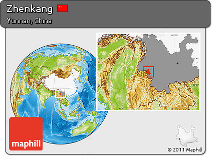 Physical Location Map of Zhenkang, highlighted country, highlighted parent region