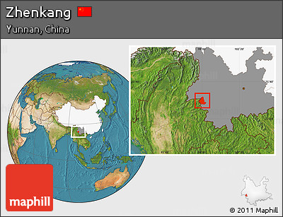Satellite Location Map of Zhenkang, highlighted country, highlighted parent region