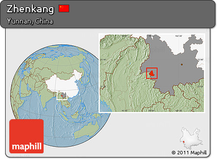 Savanna Style Location Map of Zhenkang, highlighted country, highlighted parent region, hill shading