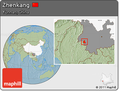 Savanna Style Location Map of Zhenkang, highlighted country, highlighted parent region, hill shading