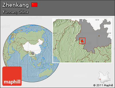 Savanna Style Location Map of Zhenkang, highlighted country, highlighted parent region, hill shading