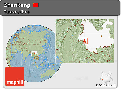Savanna Style Location Map of Zhenkang, highlighted parent region, hill shading