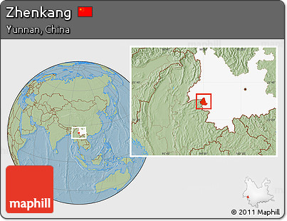 Savanna Style Location Map of Zhenkang, highlighted parent region, hill shading