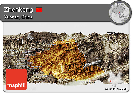 Physical Panoramic Map of Zhenkang, semi-desaturated