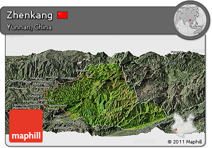 Satellite Panoramic Map of Zhenkang, semi-desaturated