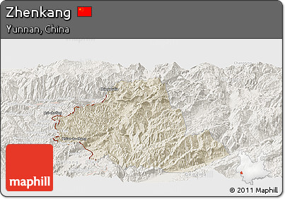 Shaded Relief Panoramic Map of Zhenkang, lighten