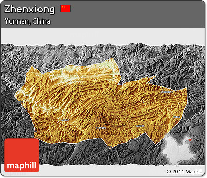 Physical 3D Map of Zhenxiong, darken, desaturated