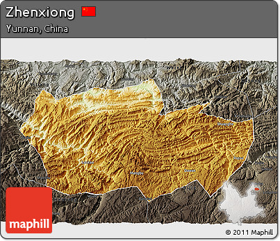 Physical 3D Map of Zhenxiong, darken, semi-desaturated