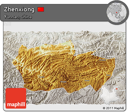 Physical 3D Map of Zhenxiong, lighten, semi-desaturated