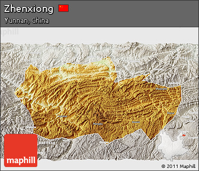 Physical 3D Map of Zhenxiong, lighten, semi-desaturated