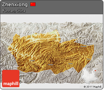 Physical 3D Map of Zhenxiong, lighten, semi-desaturated