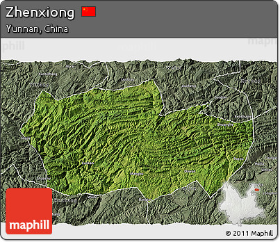 Satellite 3D Map of Zhenxiong, semi-desaturated