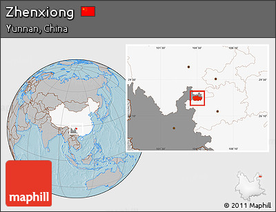 Gray Location Map of Zhenxiong, highlighted country, highlighted parent region, hill shading