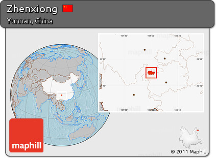 Gray Location Map of Zhenxiong, highlighted country, hill shading