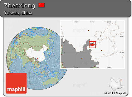 Savanna Style Location Map of Zhenxiong, highlighted country, highlighted parent region, hill shading