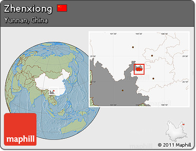 Savanna Style Location Map of Zhenxiong, highlighted country, highlighted parent region, hill shading