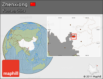 Savanna Style Location Map of Zhenxiong, highlighted country, highlighted parent region, hill shading
