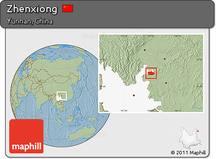 Savanna Style Location Map of Zhenxiong, highlighted parent region, hill shading