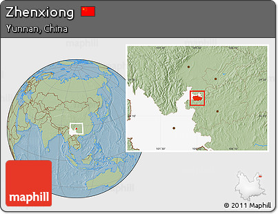 Savanna Style Location Map of Zhenxiong, highlighted parent region, hill shading