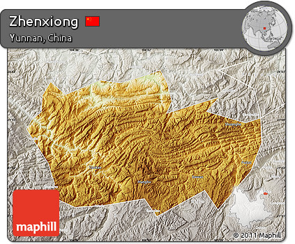 Physical Map of Zhenxiong, lighten, semi-desaturated