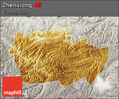 Physical Map of Zhenxiong, lighten, semi-desaturated