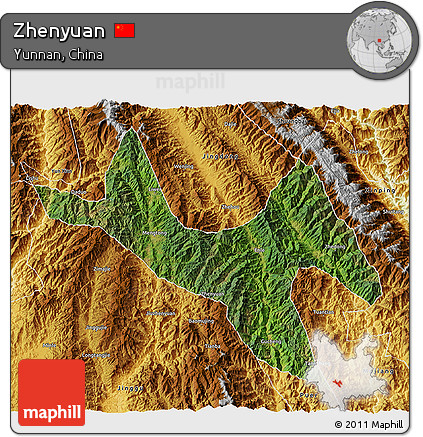 Satellite 3D Map of Zhenyuan, physical outside