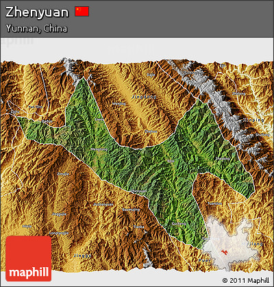 Satellite 3D Map of Zhenyuan, physical outside
