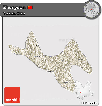 Shaded Relief 3D Map of Zhenyuan, cropped outside