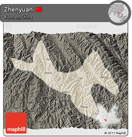 Shaded Relief 3D Map of Zhenyuan, darken