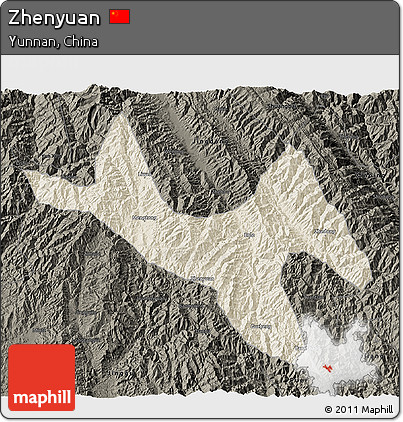Shaded Relief 3D Map of Zhenyuan, darken
