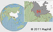 Savanna Style Location Map of Zhenyuan, highlighted country, highlighted parent region, hill shading