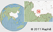 Savanna Style Location Map of Zhenyuan, highlighted country, hill shading