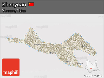Shaded Relief Panoramic Map of Zhenyuan, single color outside