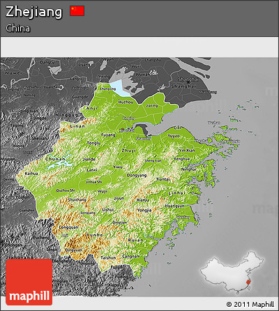 Physical 3D Map of Zhejiang, darken, desaturated