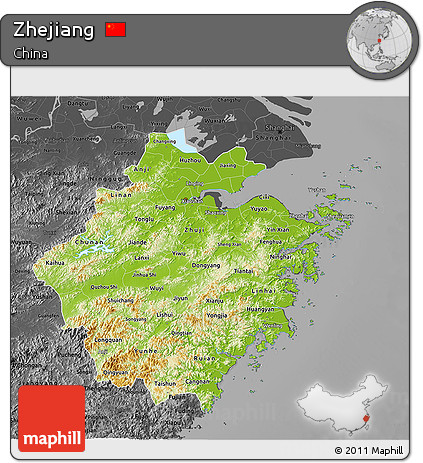 Physical 3D Map of Zhejiang, darken, desaturated