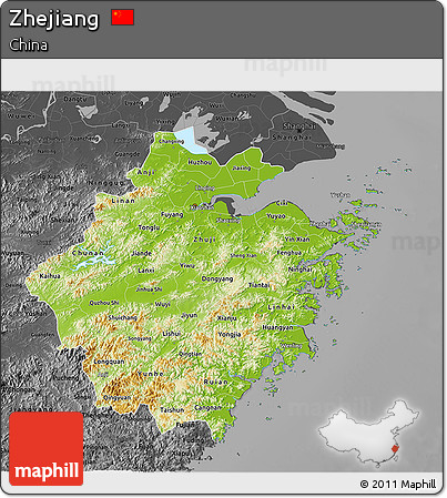 Physical 3D Map of Zhejiang, darken, desaturated