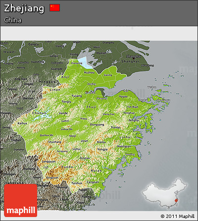 Physical 3D Map of Zhejiang, darken, semi-desaturated