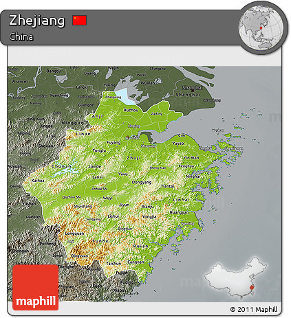 Physical 3D Map of Zhejiang, darken, semi-desaturated