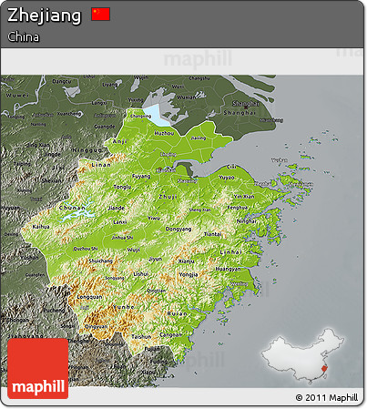 Physical 3D Map of Zhejiang, darken, semi-desaturated