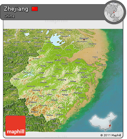 Physical 3D Map of Zhejiang, satellite outside
